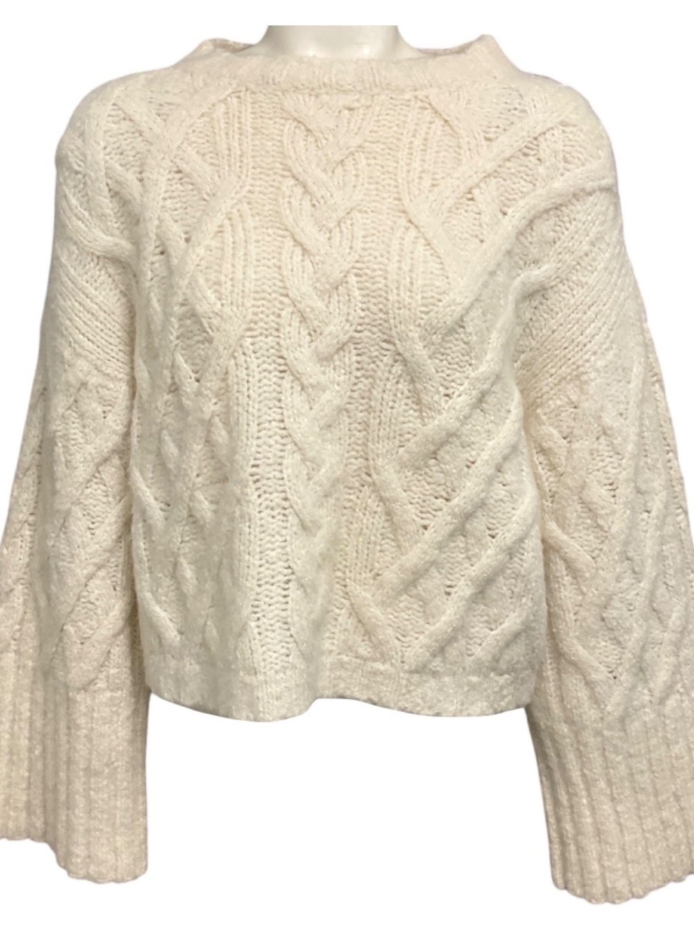 BRUNELLO CUCINELLI IVORY LONG SLEEVED CABLE KNIT CASHMERE AND SILK SWEATER